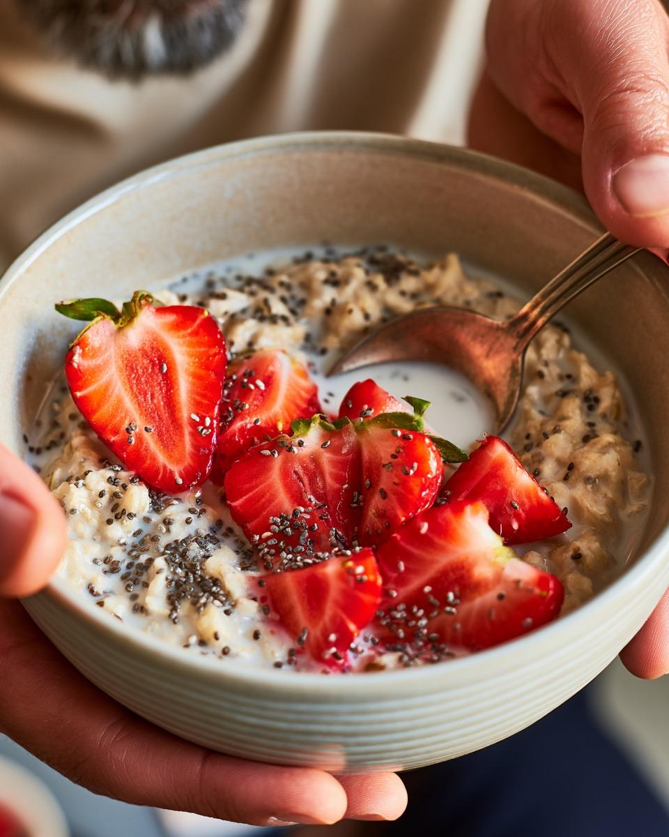 Bowl de avena con leche, frutillas frescas cortadas y semillas de chía sostenido con las manos