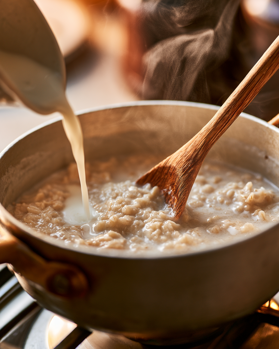 Avena con leche cocinándose a fuego bajo en una olla pequeña, con una cuchara de madera revolviendo