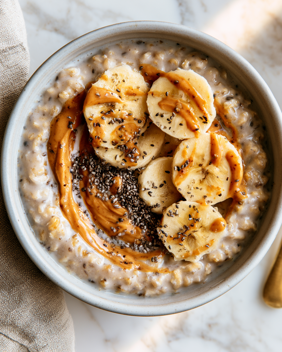 Bowl de avena cremosa con leche servido con rodajas de banana, mantequilla de maní y semillas de chía, vista desde arriba