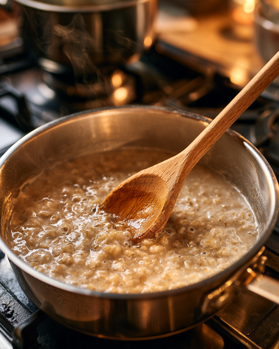 Avena cocinándose en una olla mientras se agrega leche