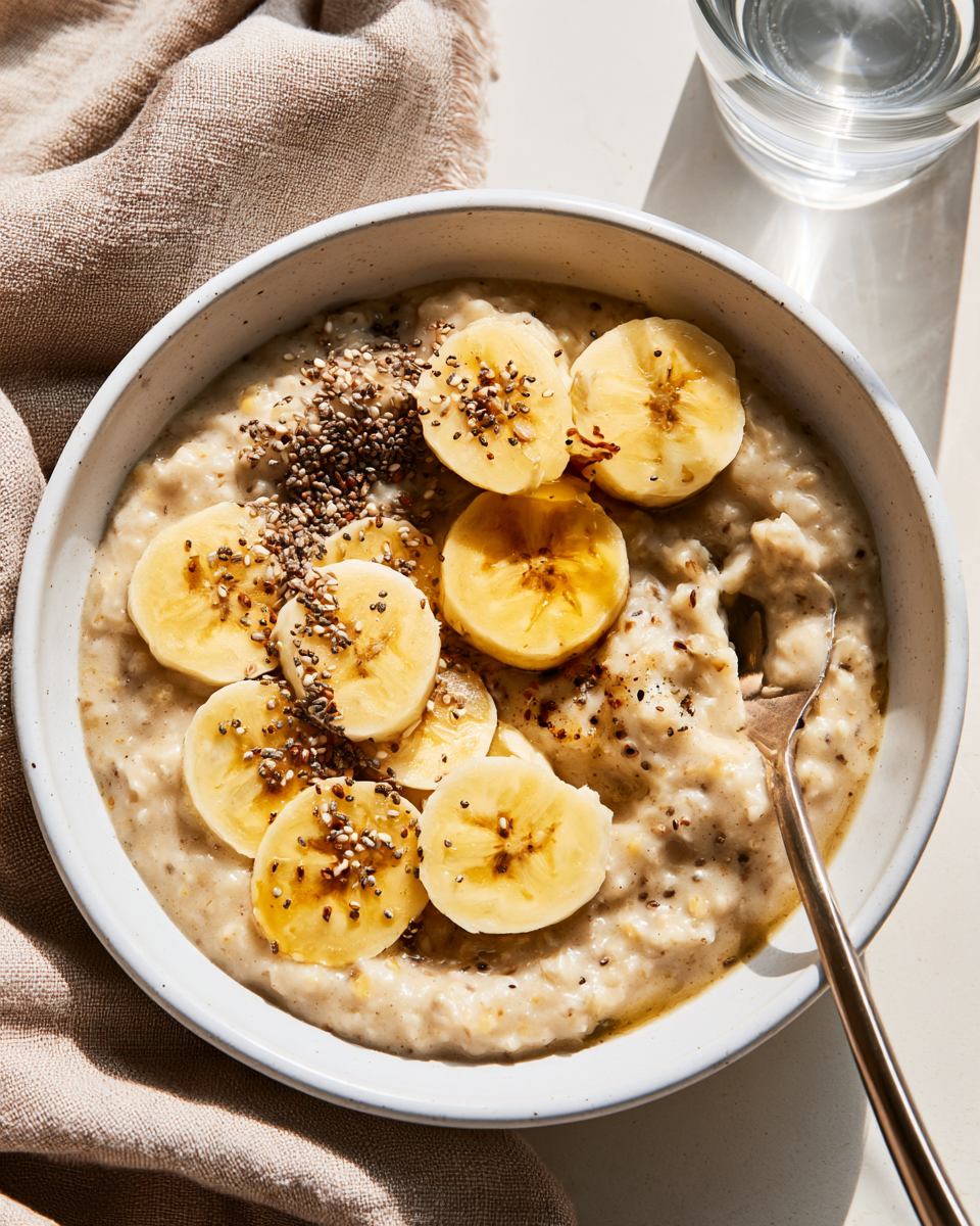 Bowl de avena con rodajas de banana, semillas y mantequilla de maní visto desde arriba