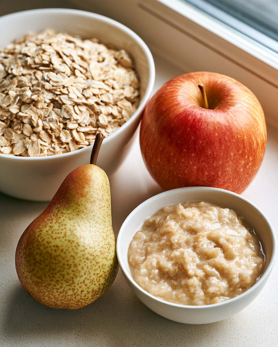 Bowl de avena cocida con fruta, servido como desayuno