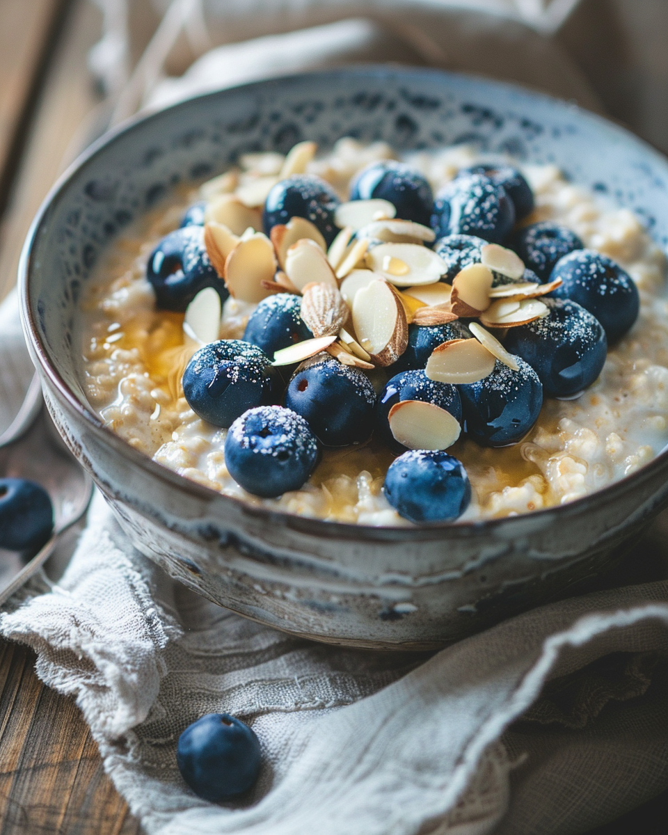 Bowl de avena cremosa servido con frutas y semillas
