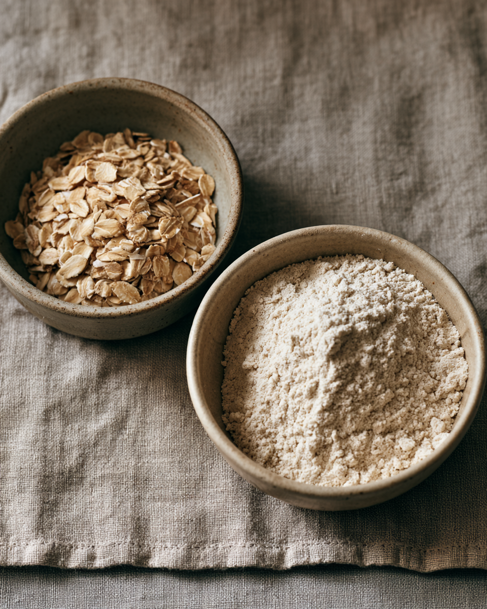 Dos boles pequeños con avena arrollada y harina de avena, comparación visual