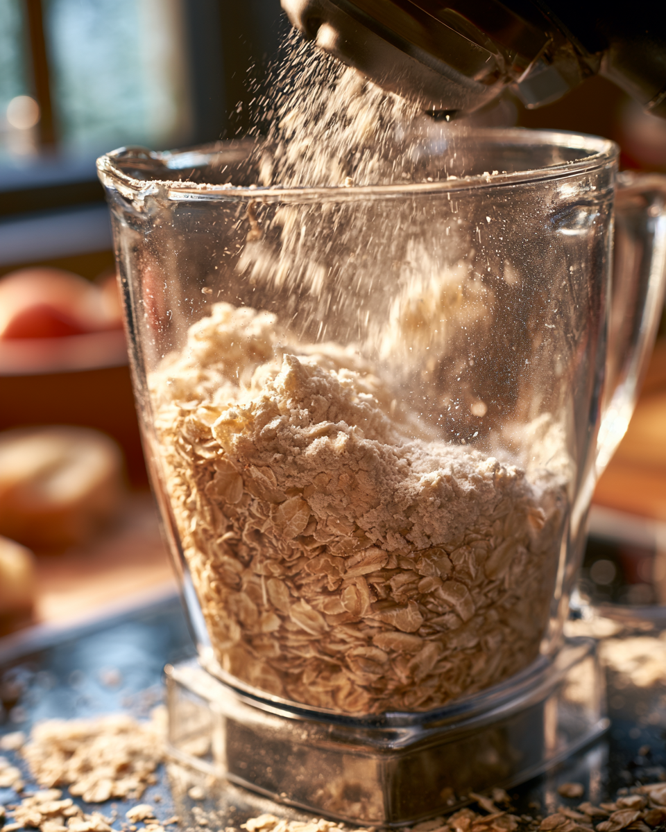 Licuadora de vidrio con avena siendo molida para hacer harina de avena casera