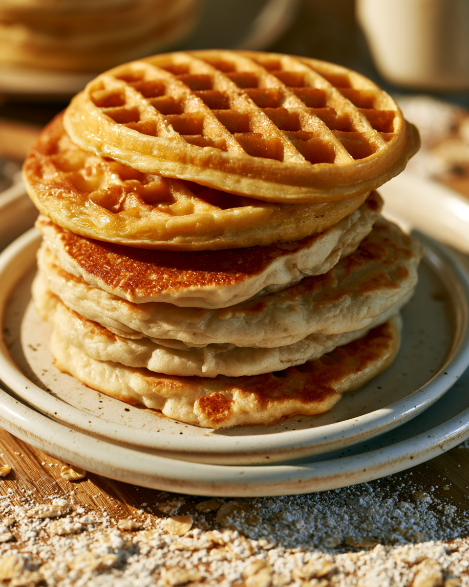 Waffles dorados y pancakes esponjosos hechos con harina de avena en plato rústico blanco