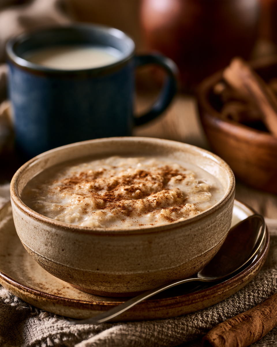 Bol de avena con leche cremosa, con un toque de canela