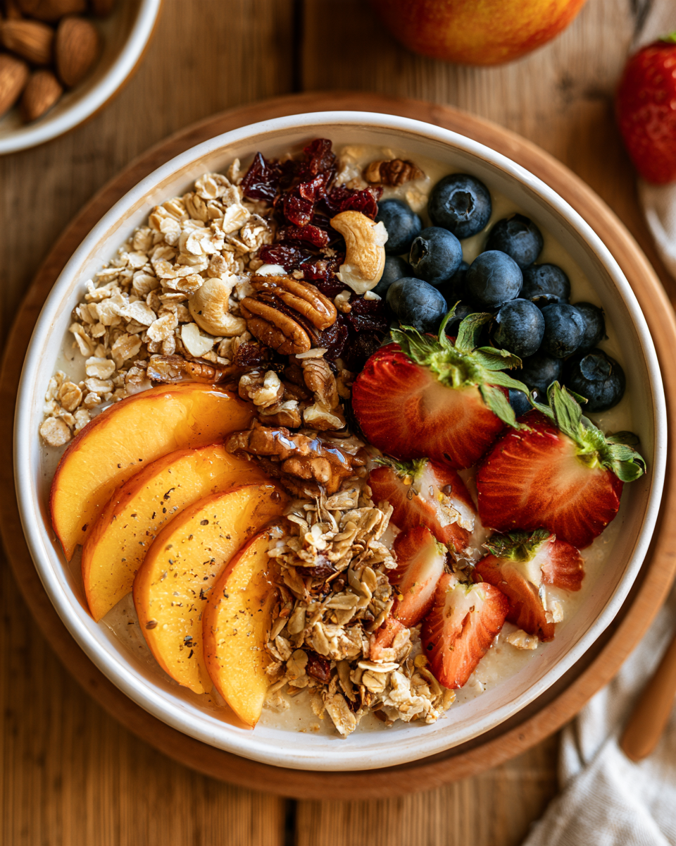 Desayuno con avena, fruta fresca y frutos secos sobre la mesa, luz natural