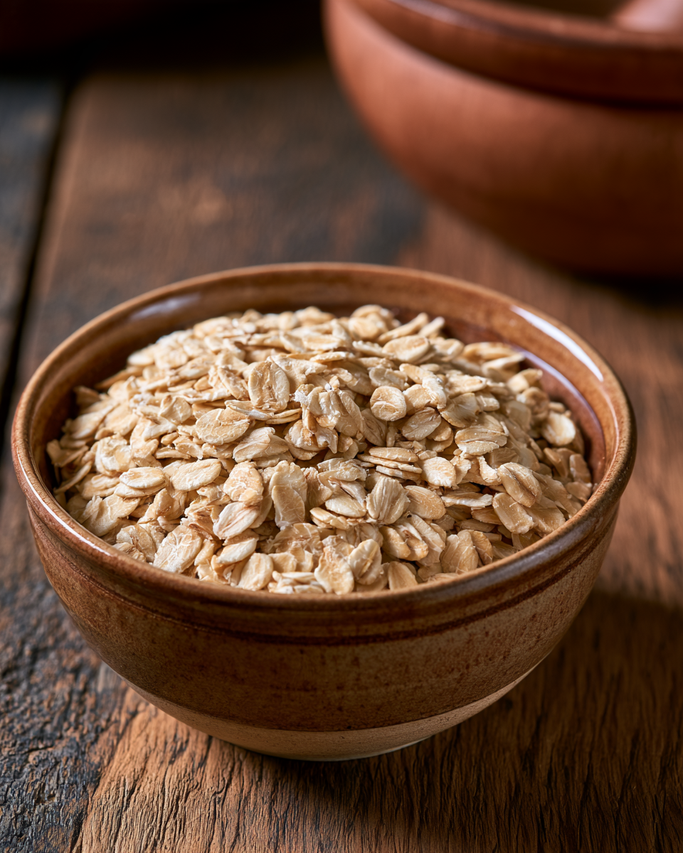 Avena arrollada en un bol de cerámica, medida justa para una porción