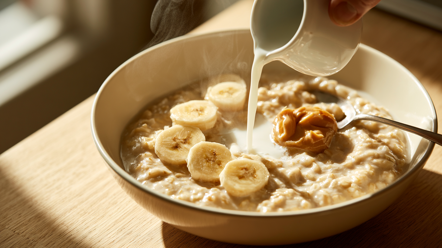 Bowl de avena cremosa con leche caliente, banana en rodajas y una cucharada de mantequilla de maní sobre una tabla de madera clara con luz natural de mañana