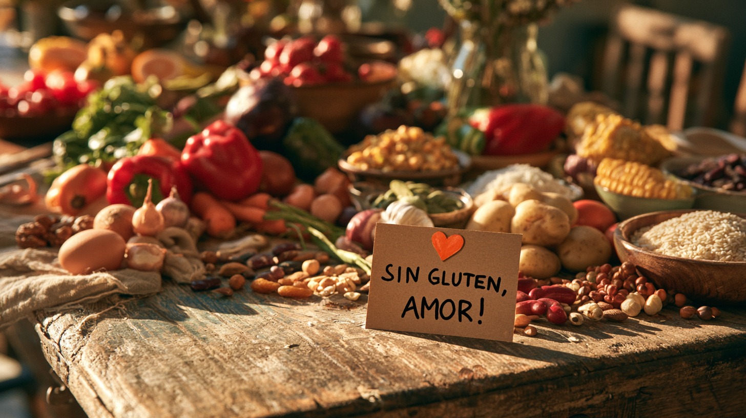 Mesa de madera con variedad de alimentos naturalmente libres de gluten y un cartel manuscrito que dice 'Sin Gluten, Amor!'