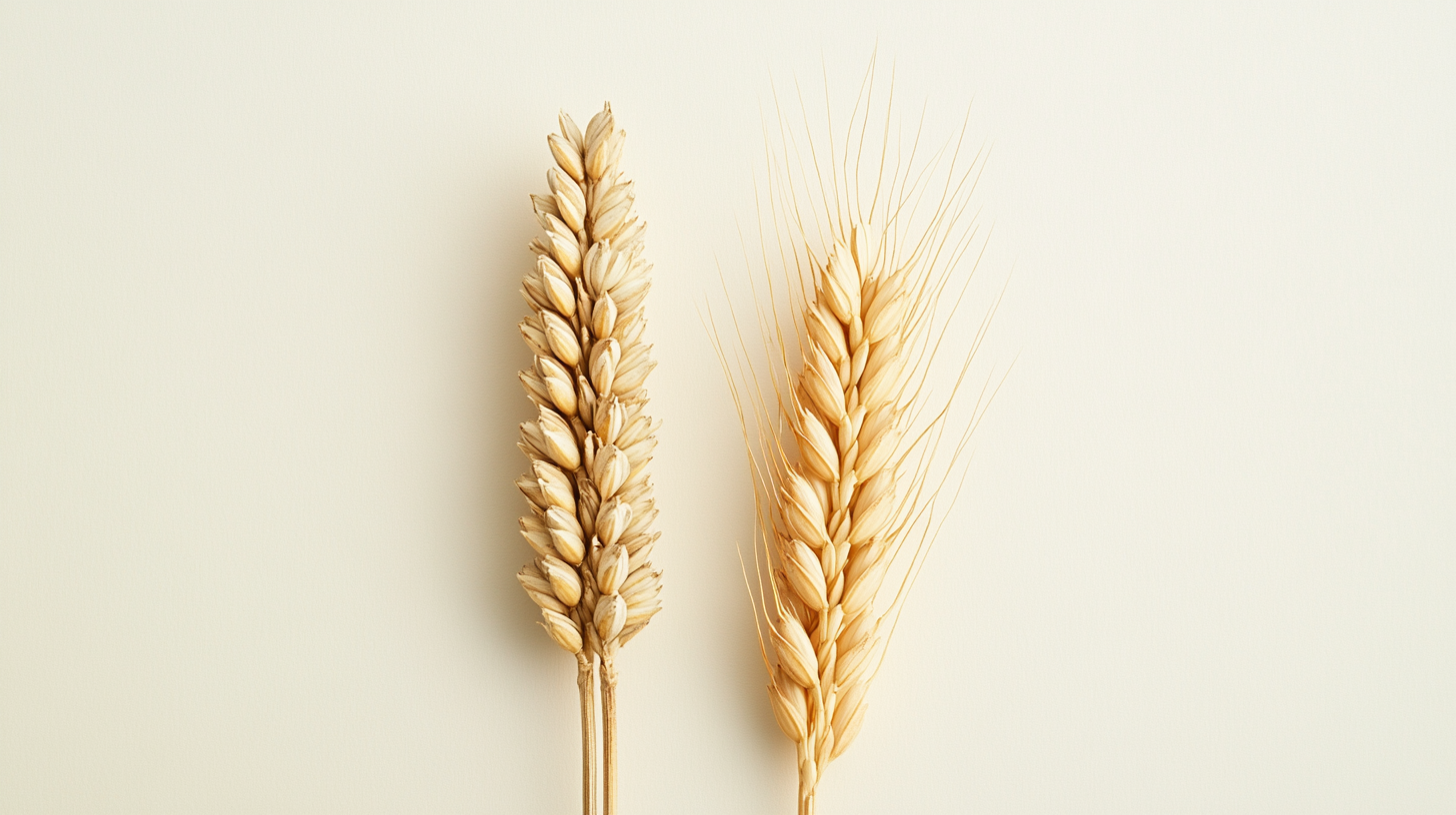 Espiga de avena y espiga de trigo lado a lado sobre fondo neutro, representando la diferencia entre avenina y gluten