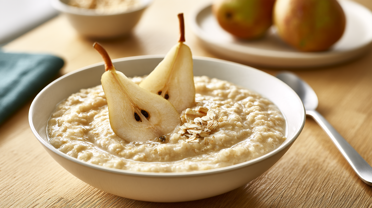 Bowl de avena cocida con fruta fresca sobre una mesa luminosa