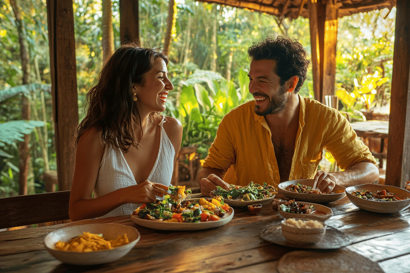 Mesa con platos de comida coloridos y personas compartiendo una comida