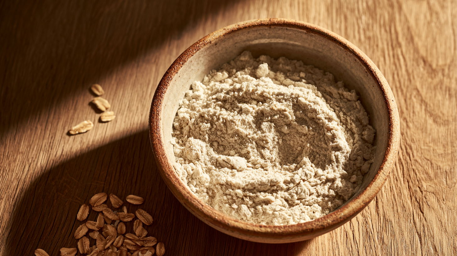 Bol de cerámica con harina de avena fina sobre mesada de madera, luz natural