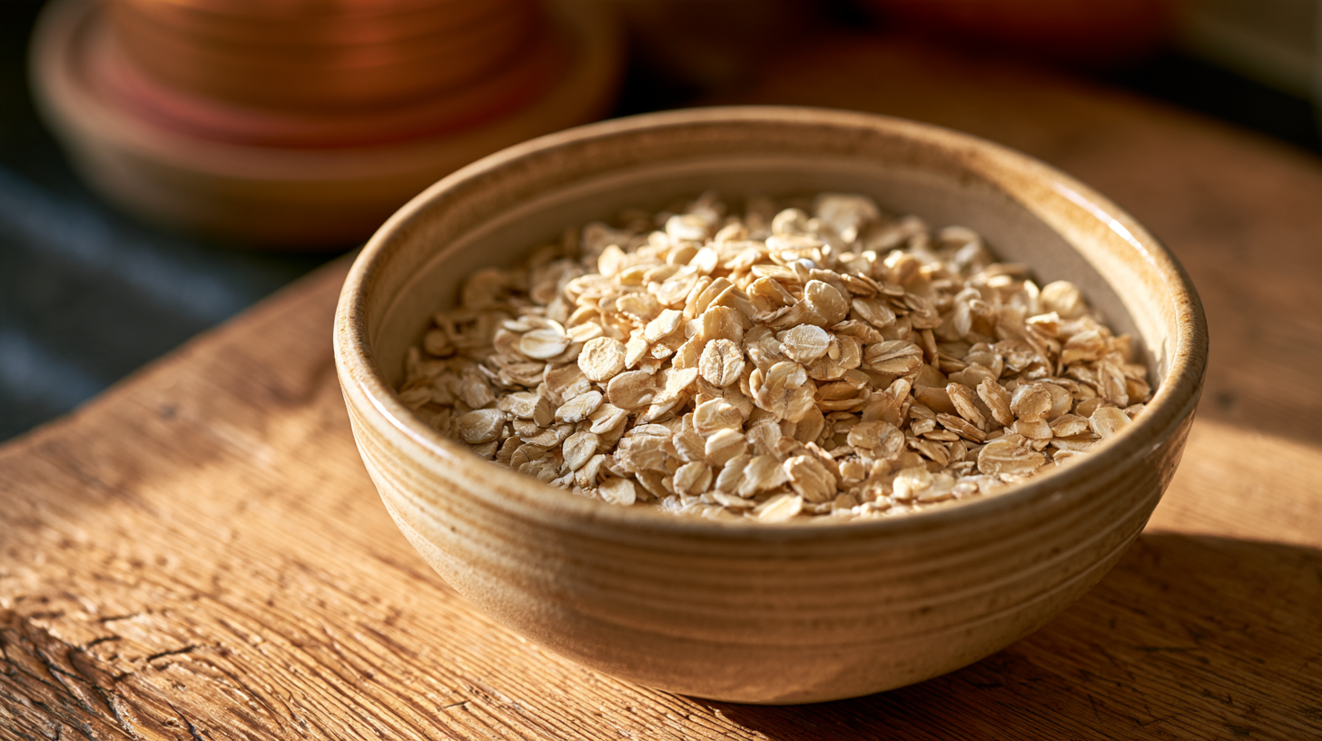 Bol de cerámica con avena arrollada sobre mesada de madera, luz natural cálida