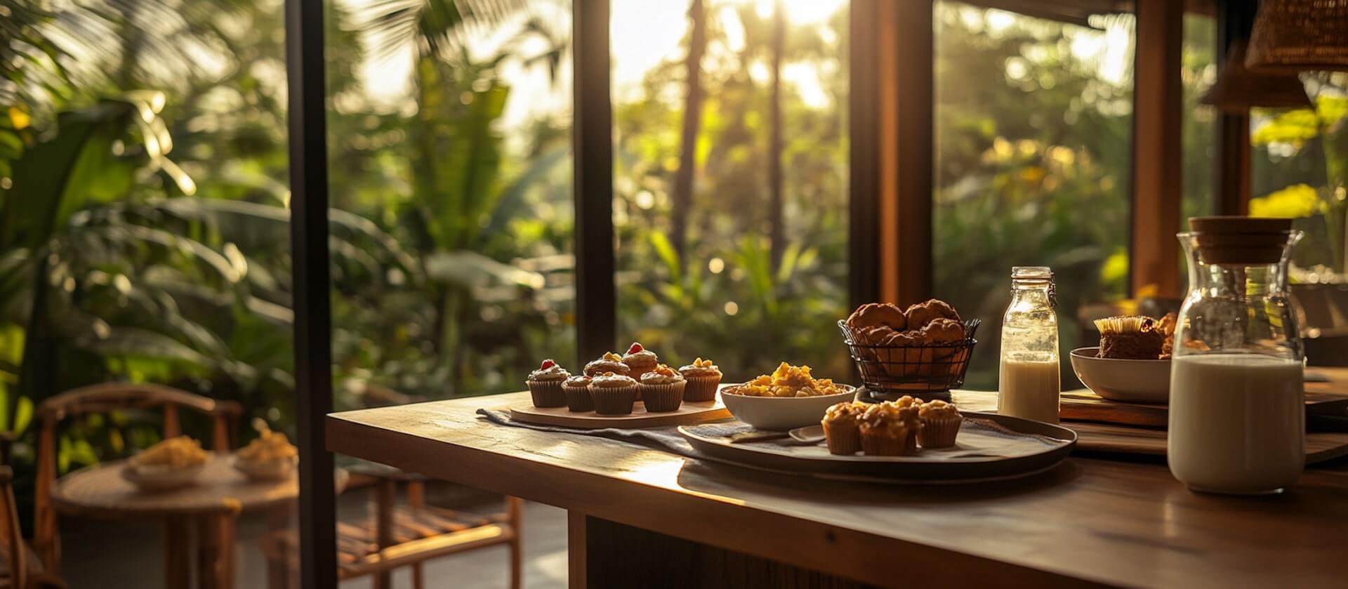 Mesa de desayuno con preparaciones de avena y jarras de leche junto a un ventanal, con luz cálida y vegetación de fondo.