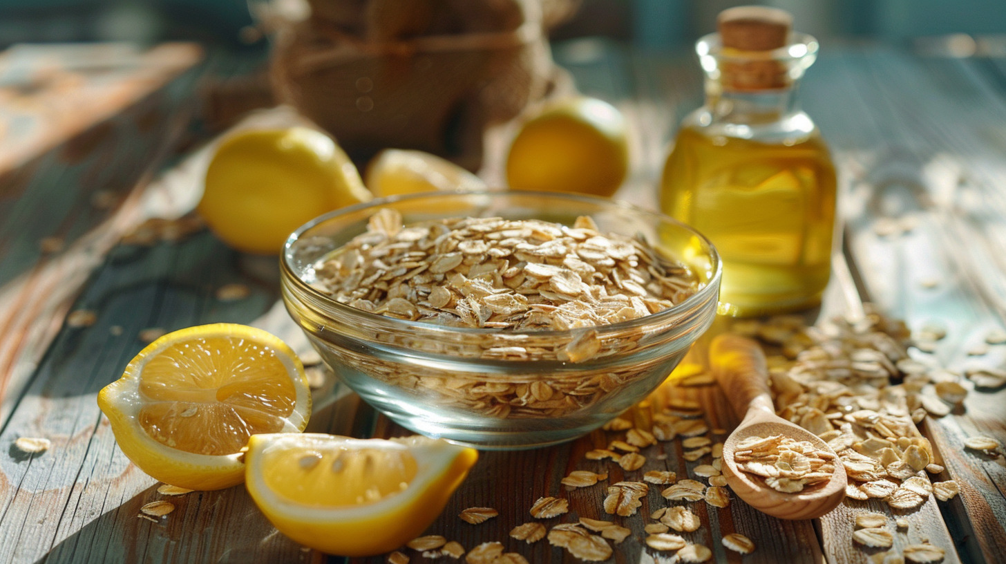 Bowl con avena en remojo en agua con unas gotas de limón, sobre una mesada de madera con luz natural