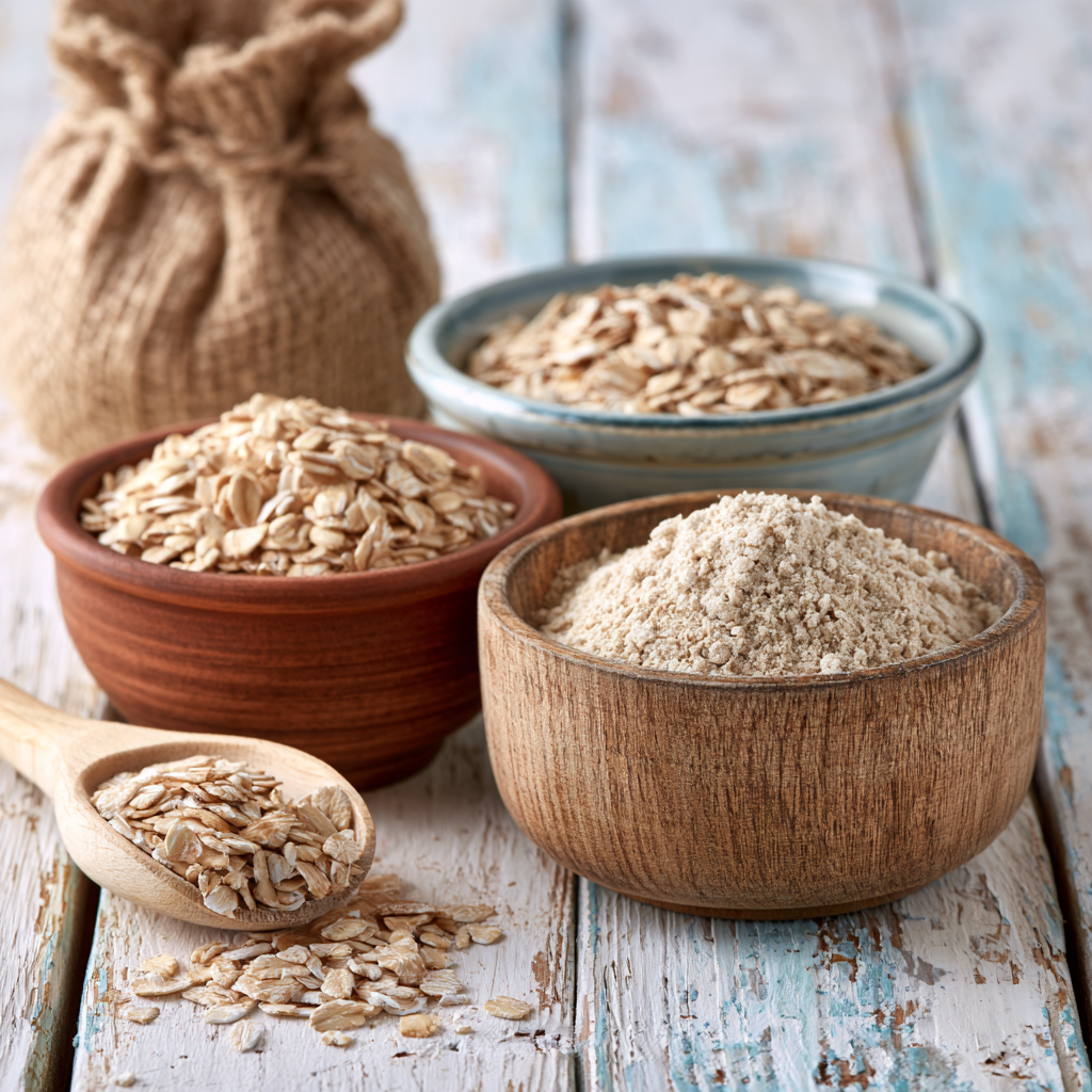 Tres bolsas de avena de diferentes tipos mostradas sobre una superficie de madera.