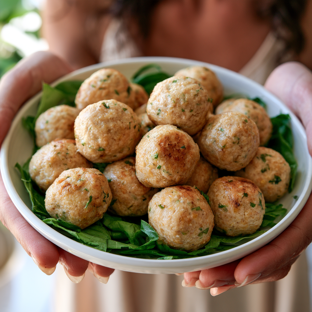 Albóndigas de avena caseras doradas con ensalada fresca, tomate y lima.