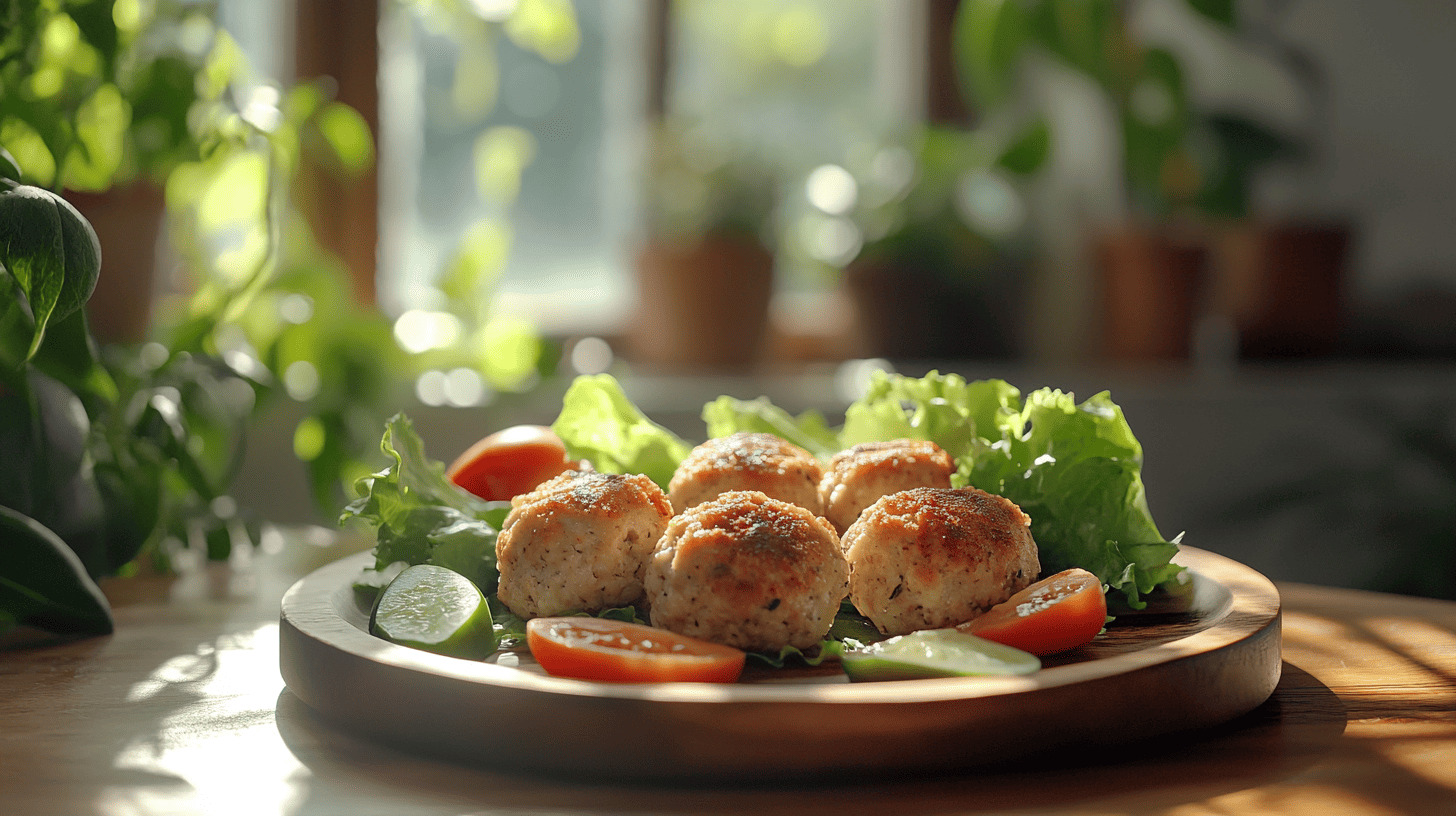 Albóndigas de avena caseras doradas con ensalada fresca, tomate y lima.