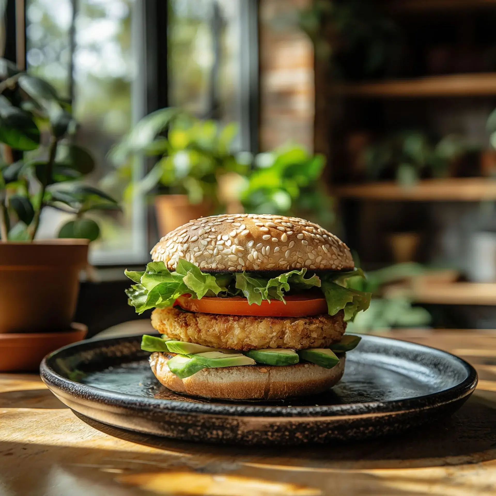 Hamburguesa de avena con aguacate, tomate y lechuga.
