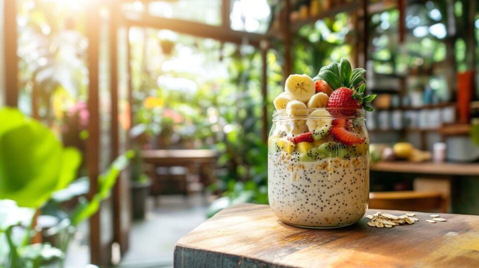 Avena nocturna con plátano, fresas, kiwi y chía en tarro de cristal sobre mesa de madera.