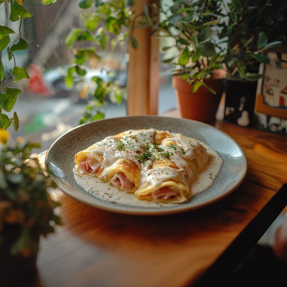 Crepes de avena salados con jamón, queso y salsa cremosa. Receta fácil y saludable.