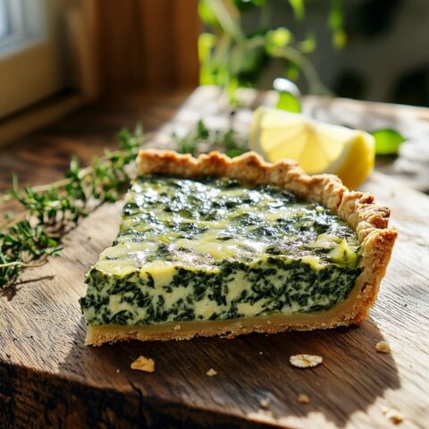 Quiche de espinacas y avena, casero y saludable, sobre tabla de madera.