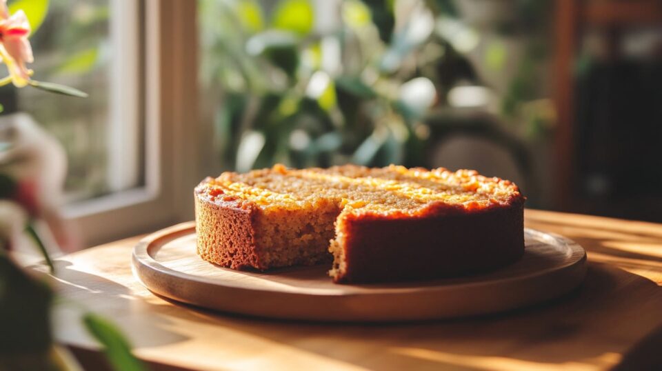 Pastel de avena casero con una porción cortada en plato de madera.