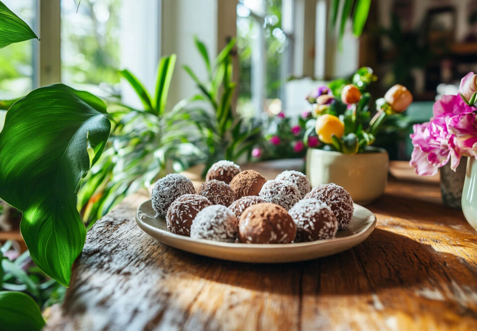 Trufas de chocolate y coco caseras sobre mesa de madera rústica.